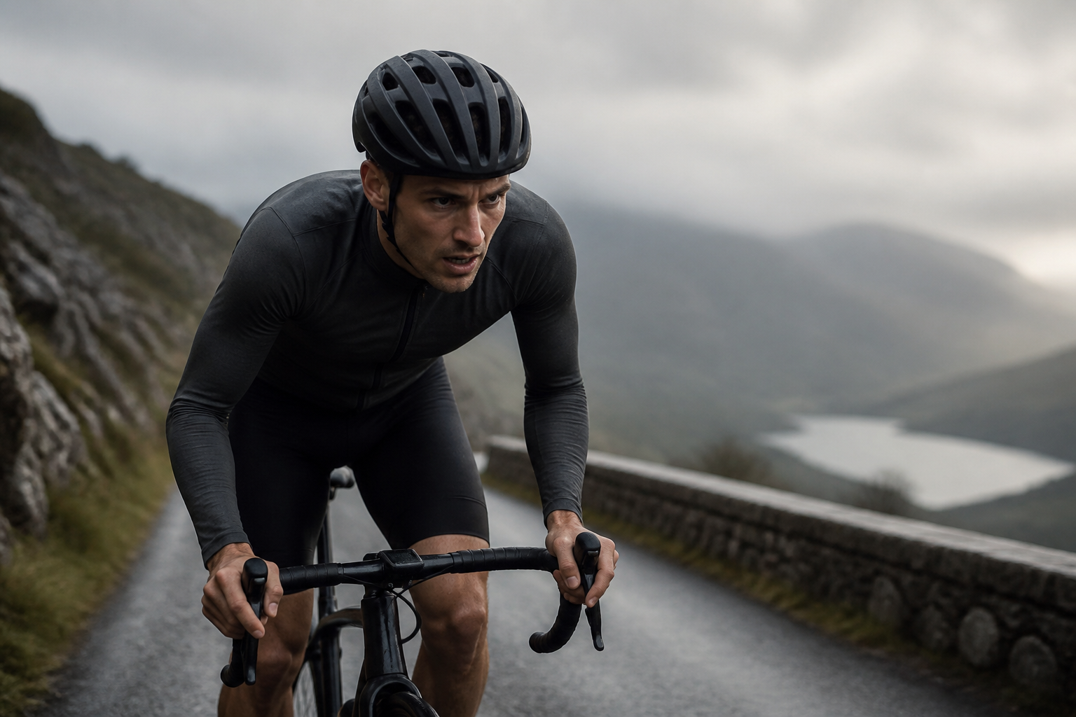 Cyclist riding hard on a climb, power meter visible on the handlebars