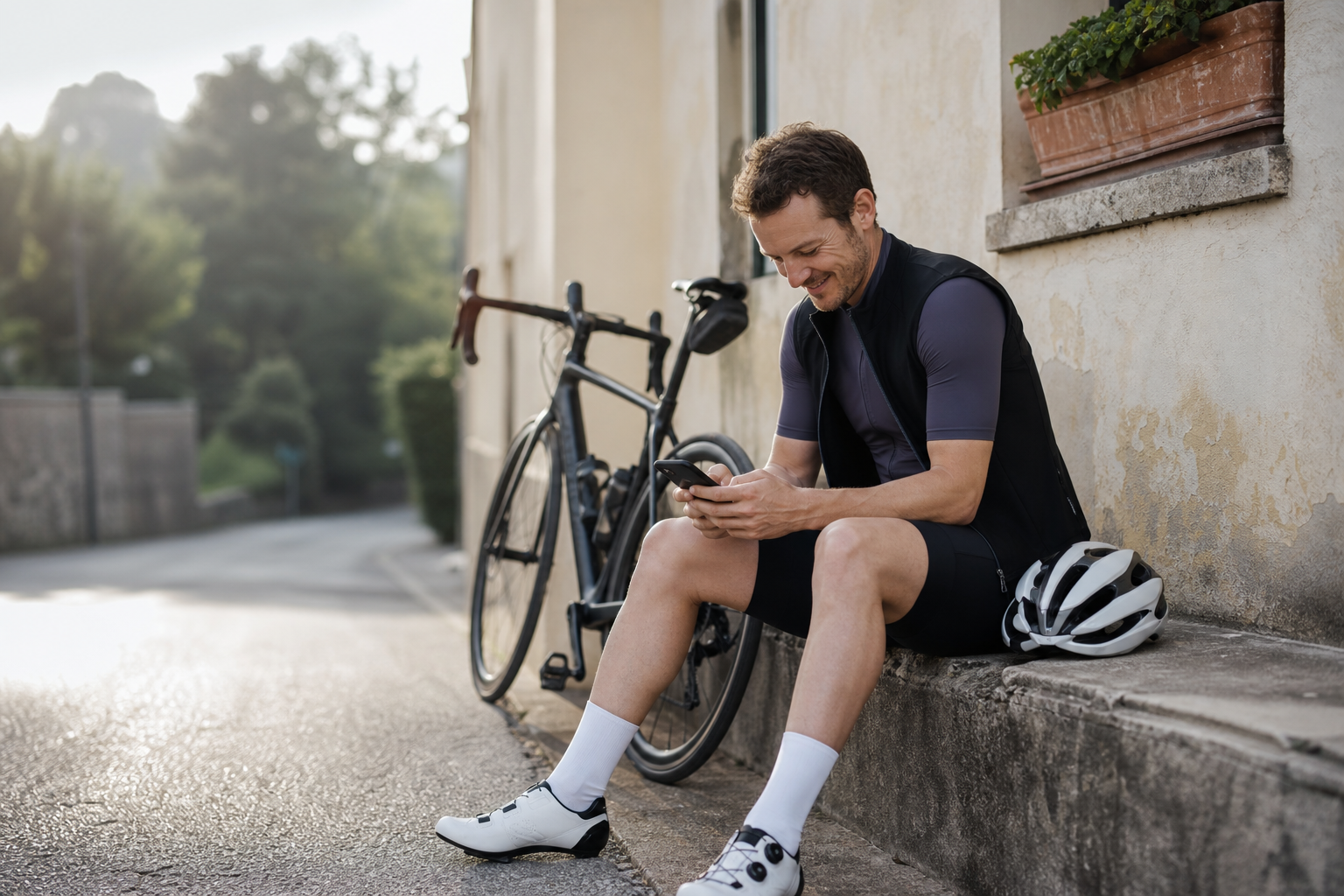 Cyclist checking their phone on a break during a training ride