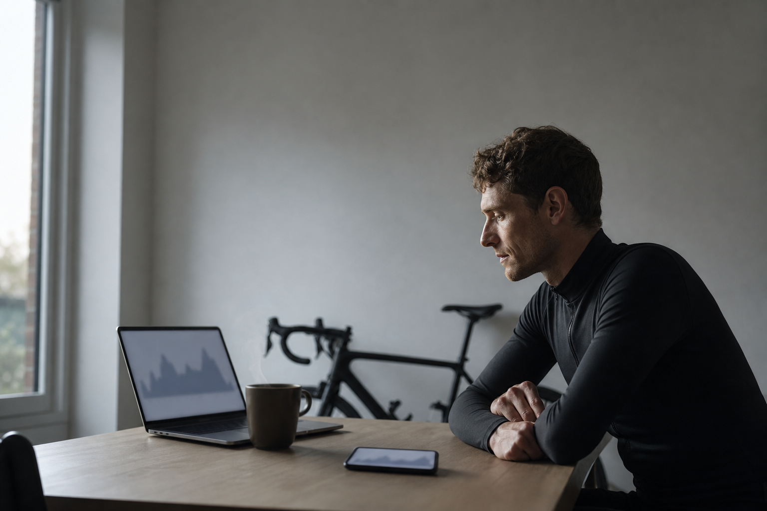 Cyclist checking a training app on a phone before a ride