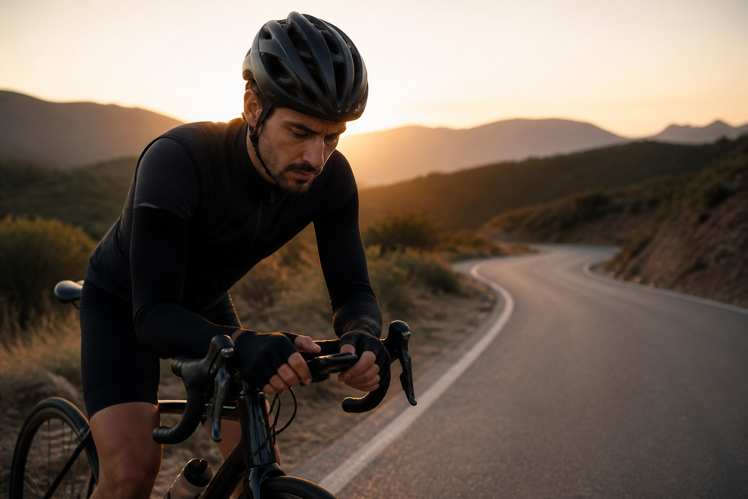 Cyclist checking a training app on a phone before a ride